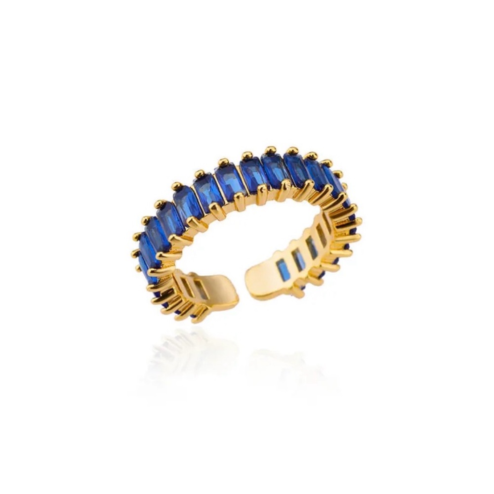Sapphire-Blue Baguette Open Ring – Gold PVD Coated Copper